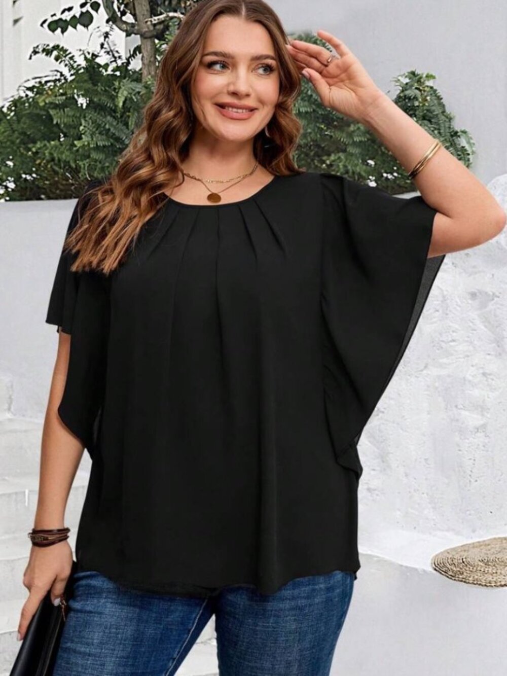 SHEIN Black Batwing Pleated Neckline Top 2X